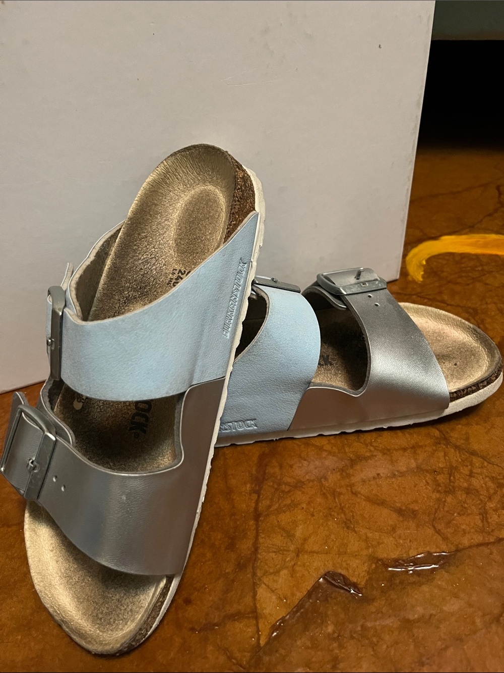 Birkenstock Metallic Silver Two-Strap Women's Slide Sandals Sz 6.0 Womens Mens 4